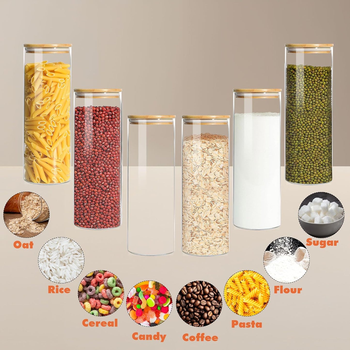 Glass Storage Containers with Airtight Bamboo Lids,Round Glass Jars Pantry Organizers,Perfect for Kitchen Organization - Flour, Rice, Pasta, Sugar, Coffee Beans, Accessories Included (43oz*6)