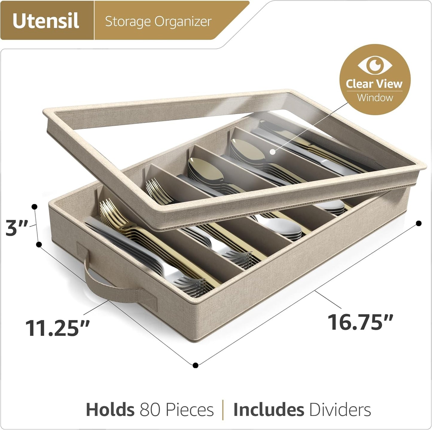 Sorbus Flatware & Utensil Storage - Fabric Chest Box for Storage and Organizing Utensils, Silverware, Flatware, Cutlery - Silverware Organizer Container with Clear Lid & Adjustable Divider