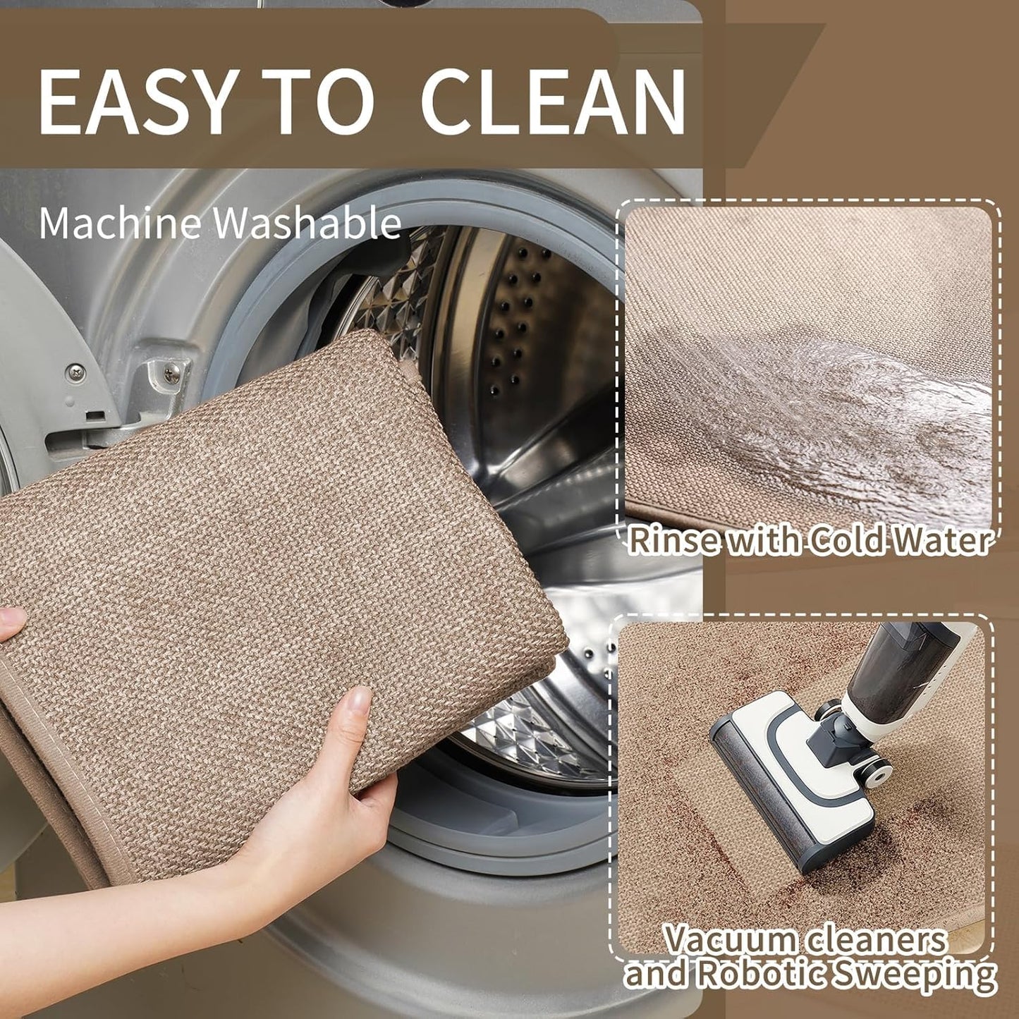 Kitchen Mats for Floor, Super Absorbent Kitchen Rugs Non Slip Washable, Soft Imitation Linen Braided Kitchen Runner Rug, Standing Mat Kitchens Sink Mat, Easy to Clean, Brown 17x95