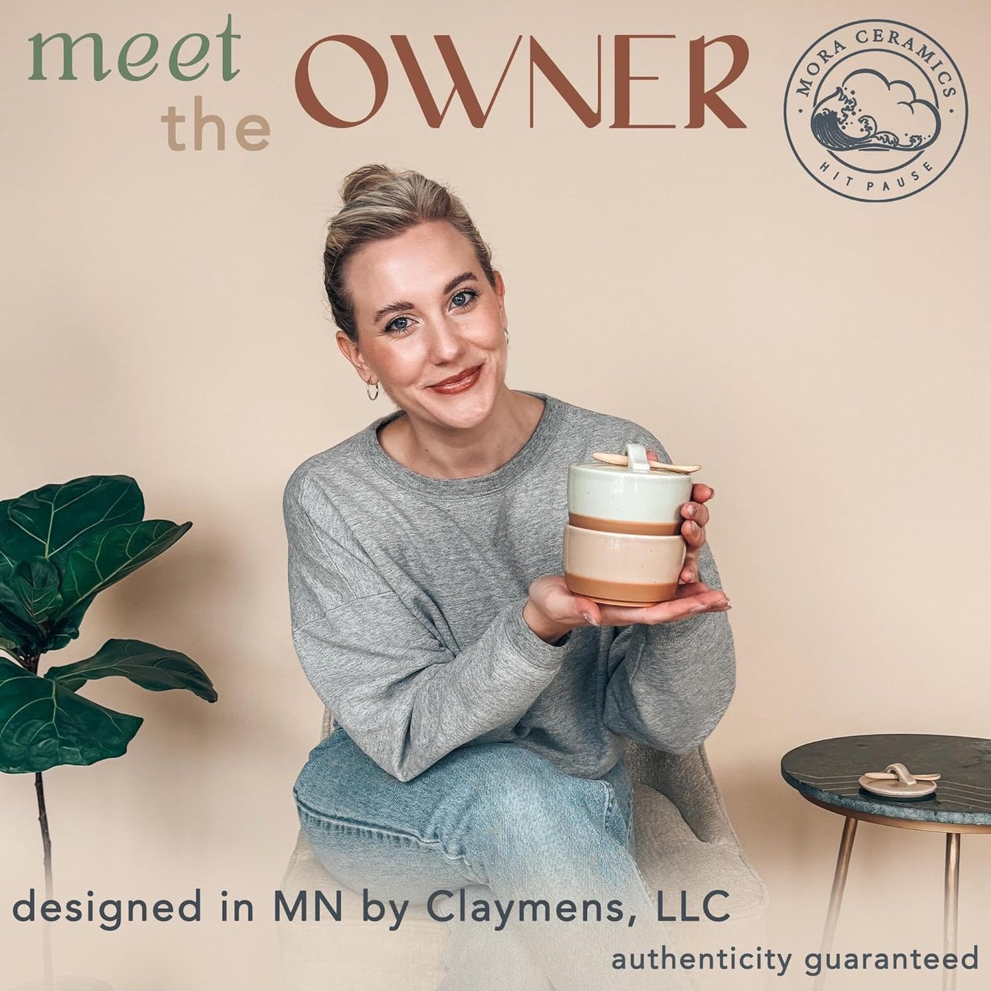 Mora Ceramic Salt and Pepper Cellar Set with Lid - 10 oz Modern Canister/Container/Bowl for Storage, Sea Salt, Spice, Sugar, Countertop - Small Dish/Jar with Wood Spoon, Matcha & Chai Crock