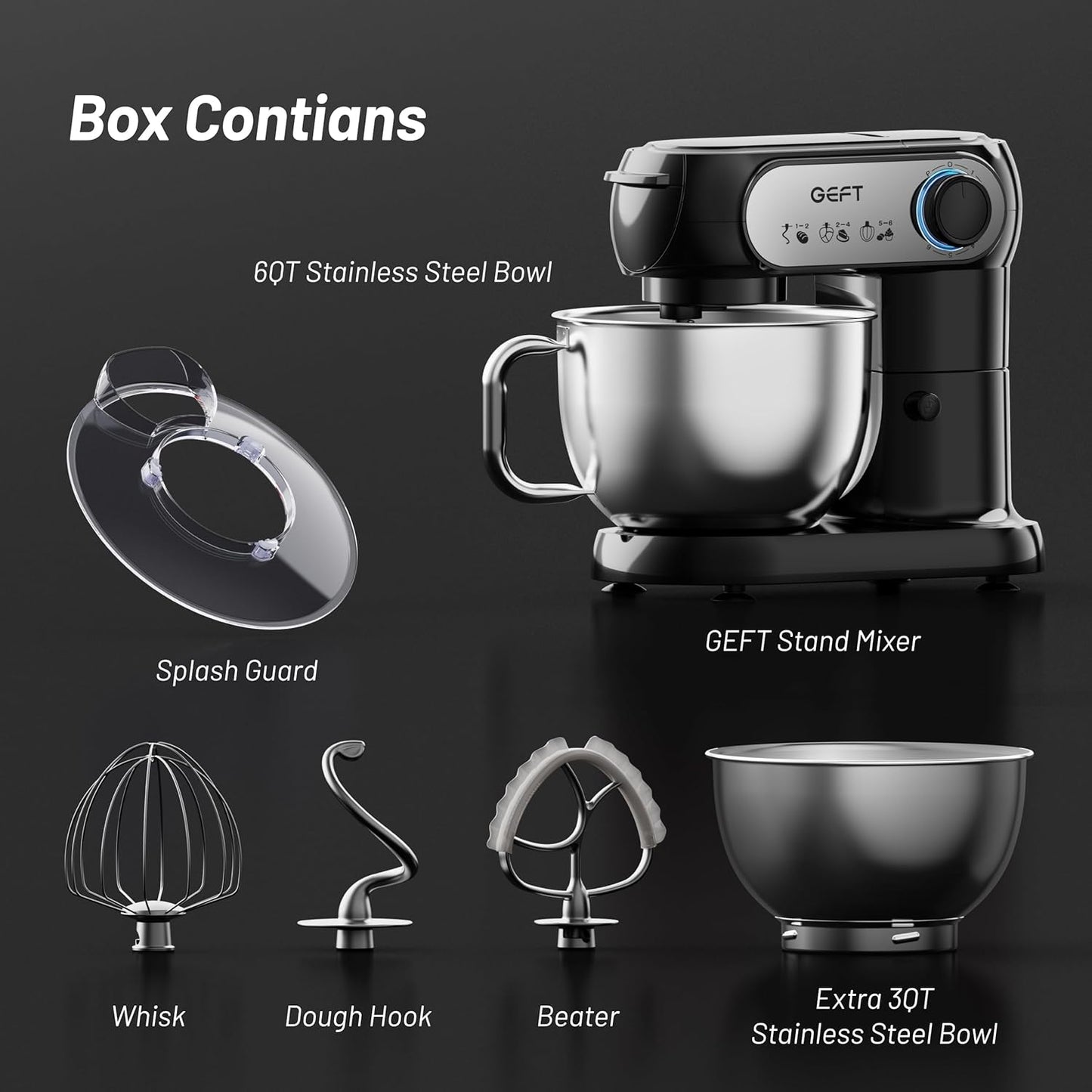 Stand Mixer, 3.5QT+6QT Two Bowls Kitchen Electric Mixer, 600W 6+P speed Tilt-Head Food Mixer with Stainless Steel Bowl, Dishwasher-Safe Dough Hook, Flat Beater, Wire Whisk, Splash Guard, Black