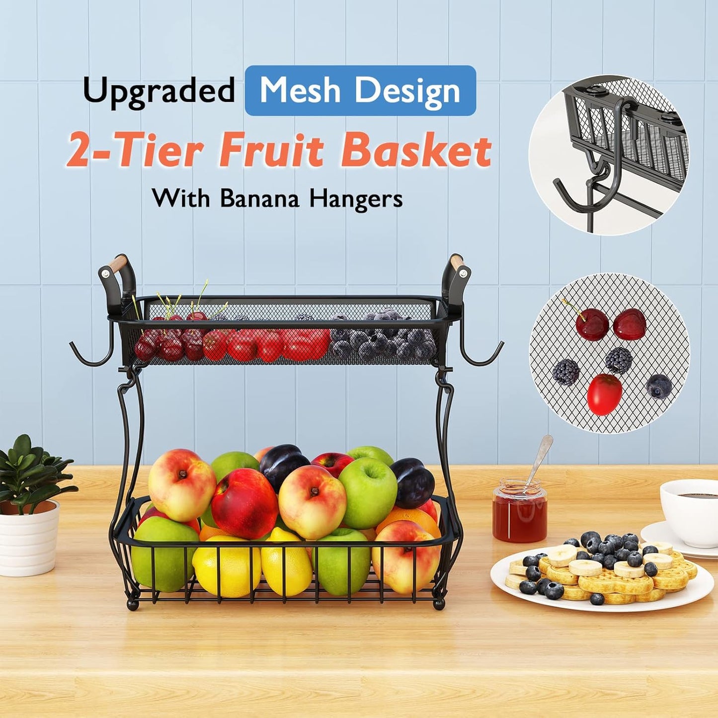 ANTOPY 2 Tier Fruit Basket with 2 Banana Hangers, Countertop Fruit Vegetable Basket Bowl for Kitchen Counter Metal Mesh Basket Fruits Stand Produce Holder Organizer for Onion Potato Bread Snack Veggie