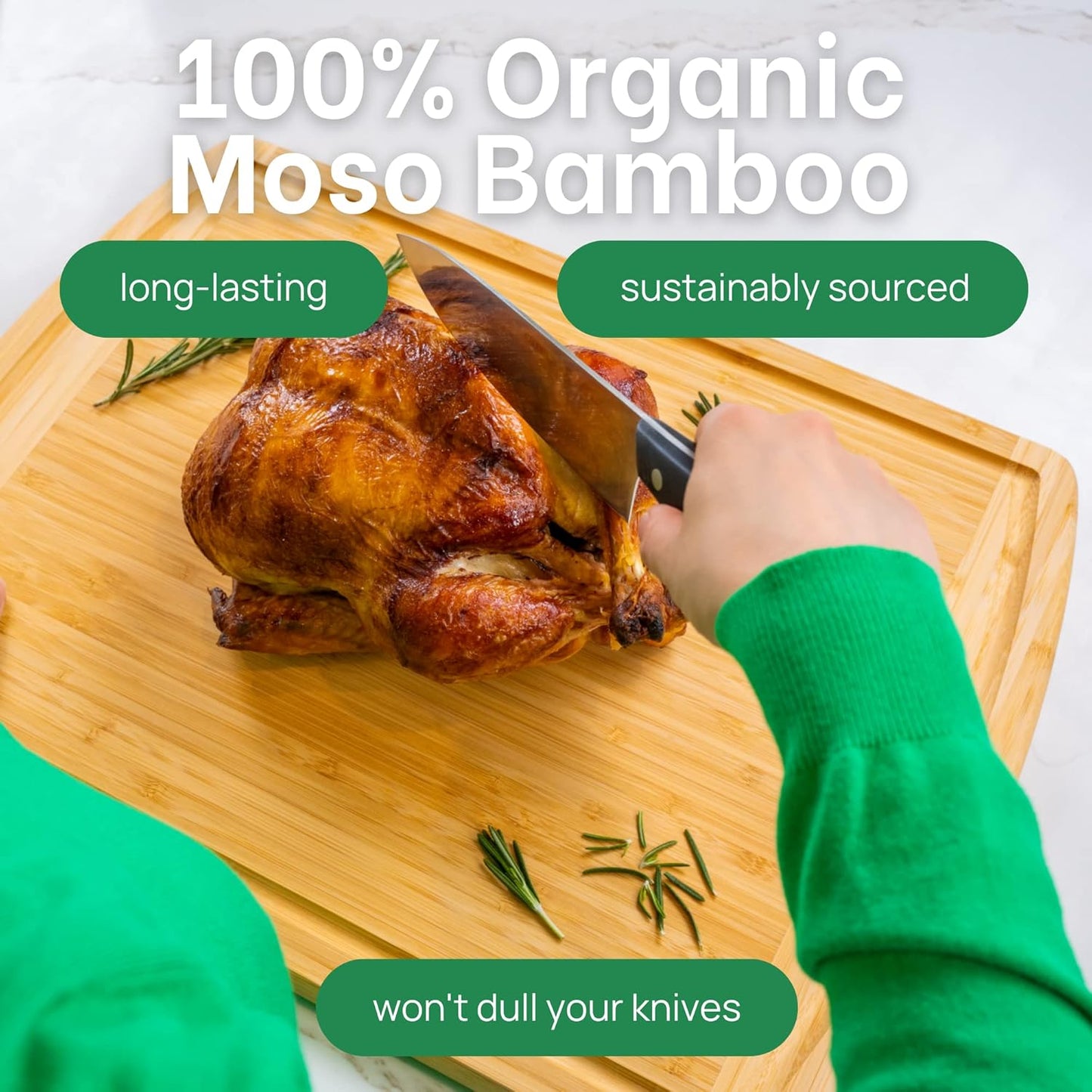 GREENER CHEF 20 Inch XL+ Organic Bamboo Cutting Board - Extra Large Butcher Block for Kitchen, Meat, Veggies, Charcuterie with Deep Juice Grooves & Lifetime Replacements