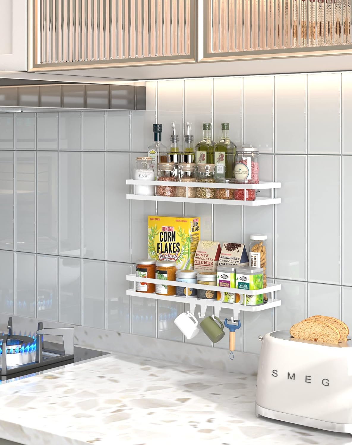 Spice Rack Organizer Wall Mount - 15.7in 2Pack [Upgraded Version] Hanging Seasoning Organizer Shelf with Paper Towel Holder, Storage for Cabinet or Wall Mounted with 4 Strong Hooks (Rice white)