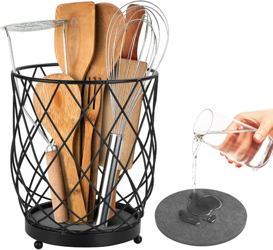 MACEVIA Utensil Holder for Kitchen Counter, Large Black Metal Organizer with Diatomaceous Earth Base, 6.3" x 5" x 7.5", Countertop Storage for Spoons, Spatulas and Cooking Utensils