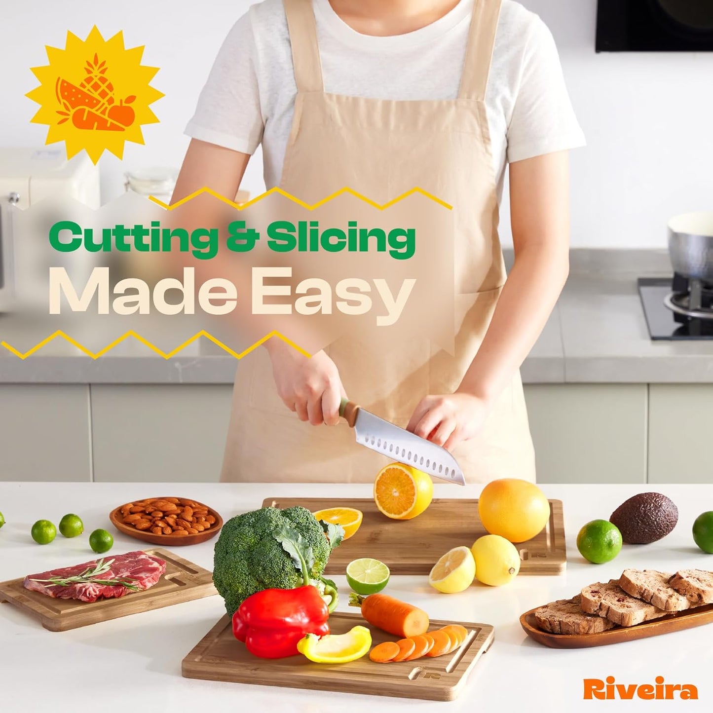 Riveira Brown Bamboo Wood Cutting Board – Gourmet Bamboo Grandeur: 20 x 14 Wooden Cutting Board – Wooden Cutting Boards For Kitchen Decorative – Innovative Juice Grooves Wooden Chopping Board