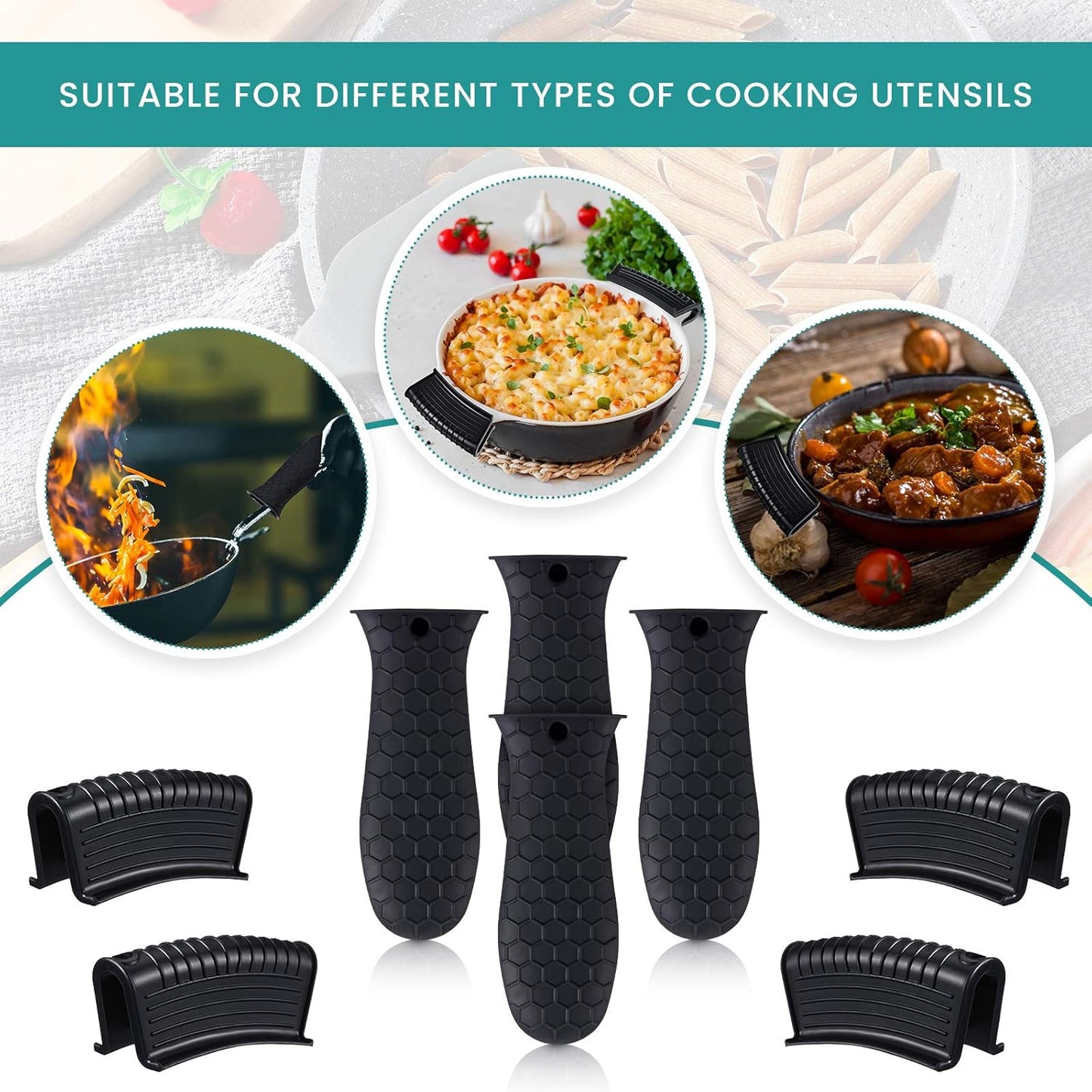 Patelai 8 Pcs Silicone Pot Holders Set Cast Iron Handle Cover Heat Resistant Pot Handle Covers Potholder Non Slip Reusable Pan Sleeve for Frying Pan Kitchen Supplies(Black)
