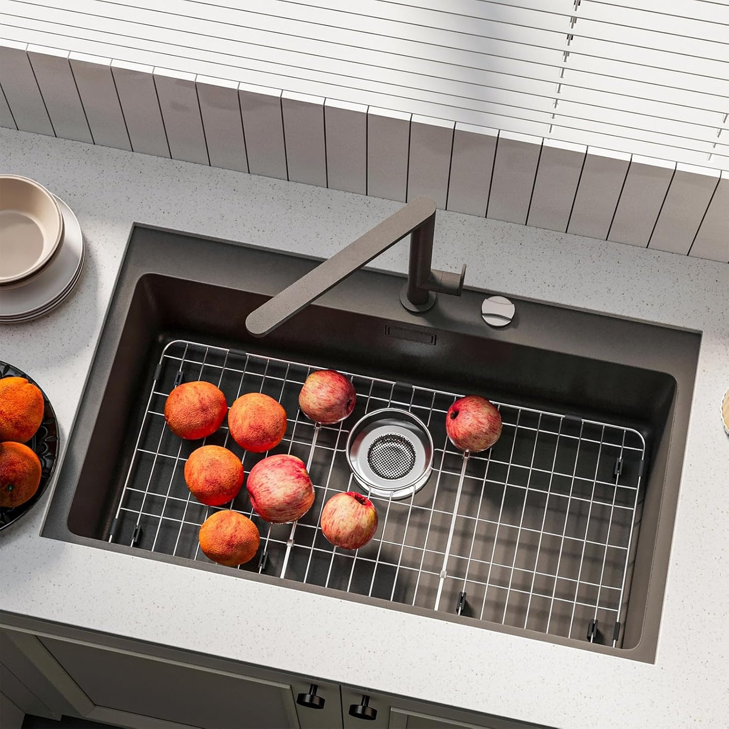 28-7/8’’ x 14-3/8’’ Stainless Steel Sink Protector, Sink Protectors for Kitchen Sink, Sink Grid, Sink Grate for Bottom with Rear Drain, Metal Sink Rack for Bottom of Sink with Corner Radius