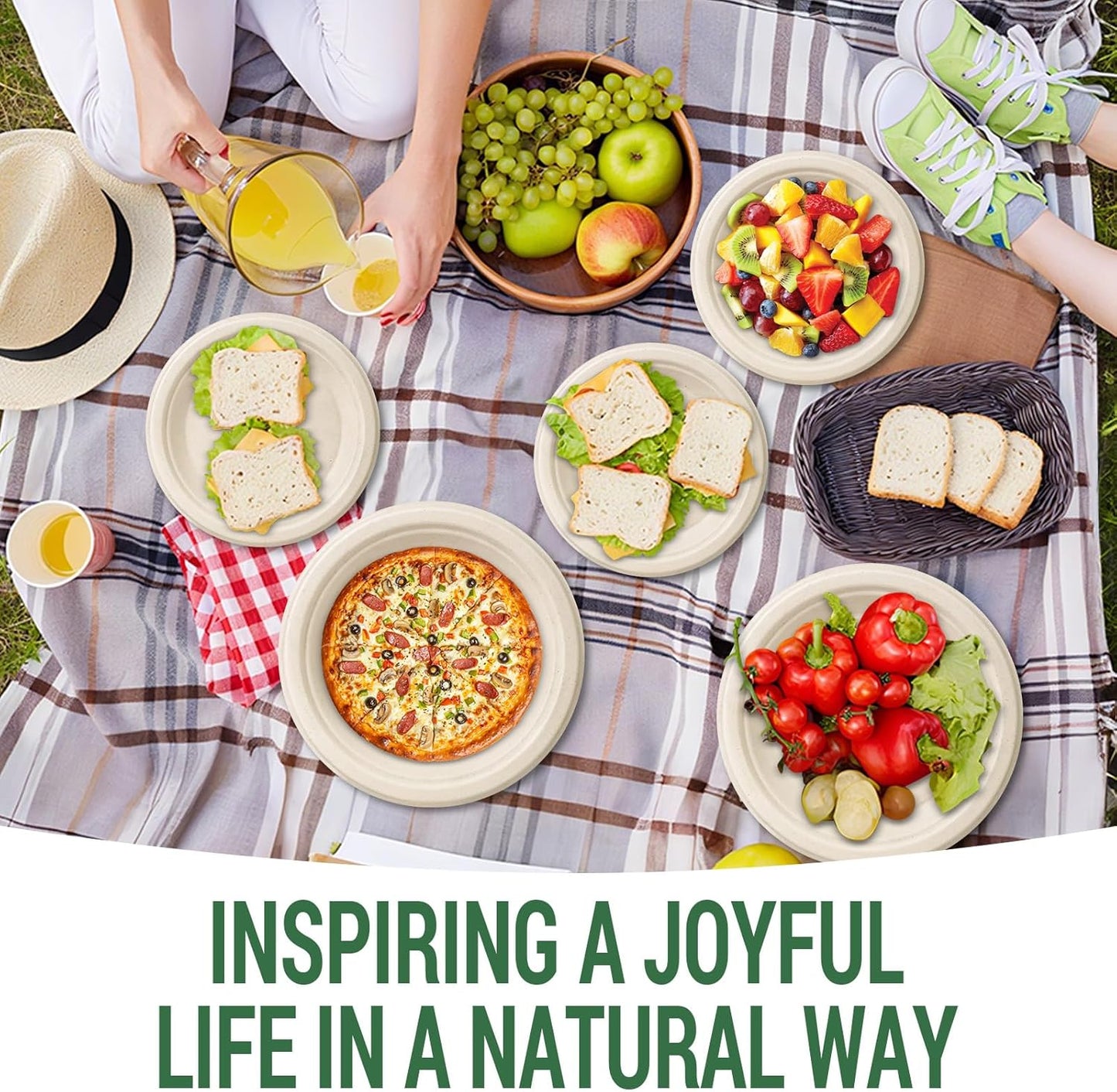 50 Compostable Paper Plates, Includes 25-9" & 25-7" Heavy Duty Disposable Plates, Biodegradable Sugarcane Bagasse, Nature