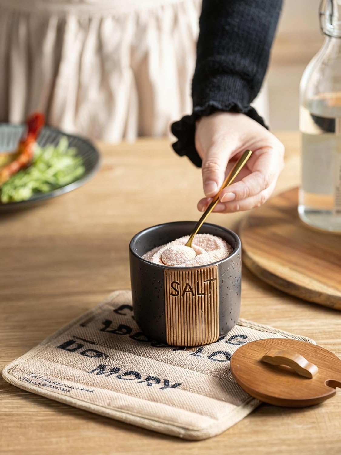 Salt Container for Countertop, Ceramic Salt Cellar with Lid & Spoon, Farmhouse Salt Bowl, 10 OZ, Black