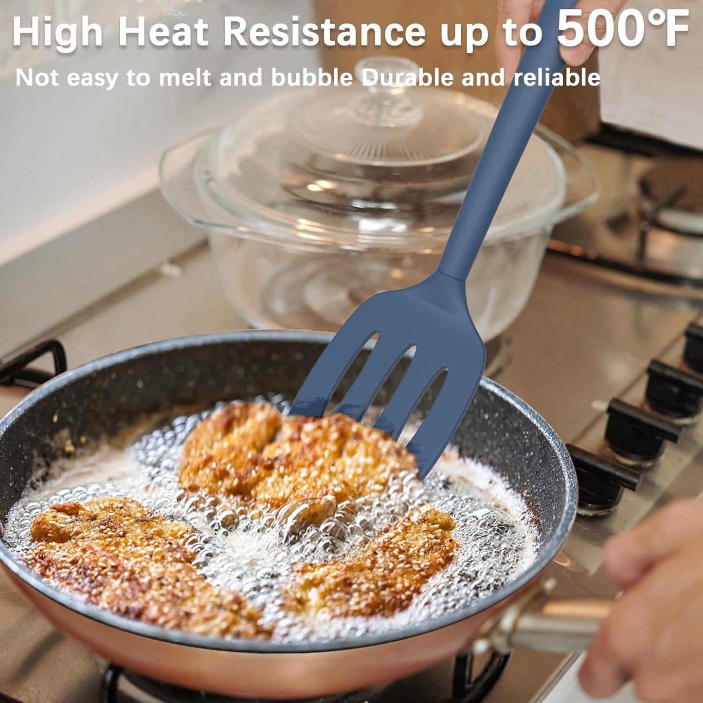 Coukre Silicone Spatula Set of 3, High Heat Resistant, BPA-Free, Kitchen Utensils, Fish Spatula, Solid & Slotted Turner for Non-Stick Pans, Flipping Eggs, Pancakes, Fish, Burgers (3, PureDarkBlue)