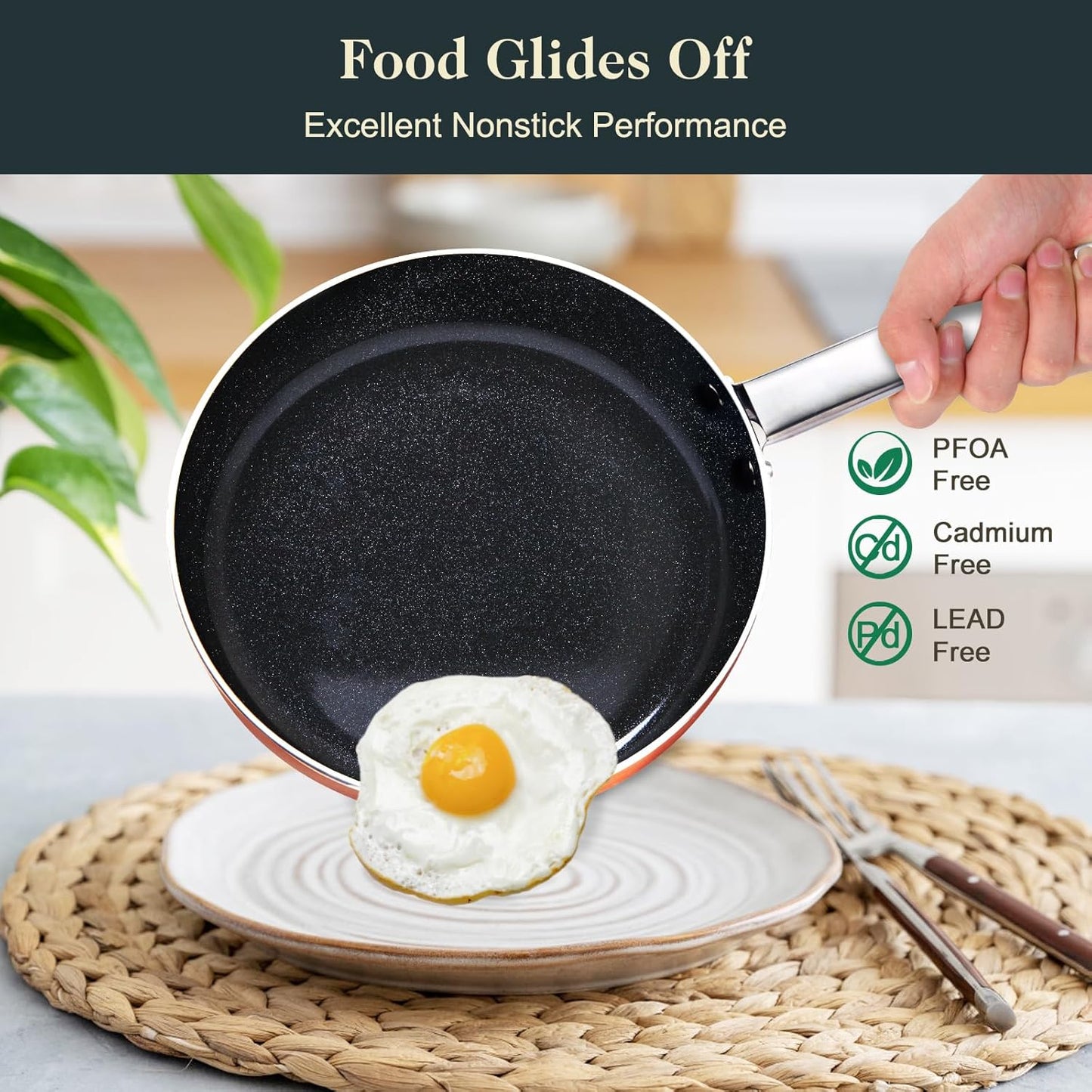 Pots and Pans Set Non Stick, 7 Piece Ceramic Cookware Set, Non Toxic Kitchen Induction Cookware Sets, Pots and Pans Cooking Set with Oven Safe Handle, 100% PFOA Free, Copper