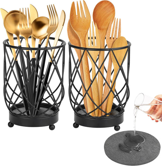 MACEVIA Utensil Holder for Kitchen Counter, Black Metal Organizer with Diatomaceous Earth Base, 4" x 3" x 5.5", Countertop Storage for Spoons,Spatulas and Cooking Utensils,Set of 2