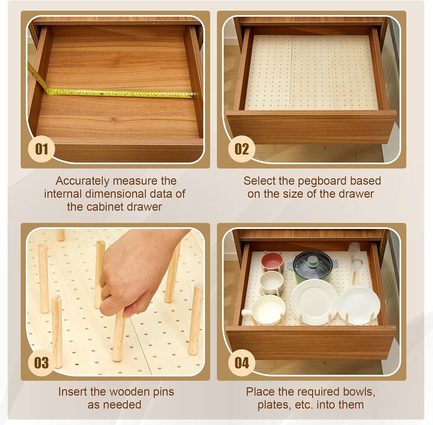 Kigley 12 Pcs Pegboard Drawer Organizer with 96 Drawer Peg Wood Peg Board Wooden Kitchen Plate Organizer for Dishes Food Containers Cookware Utensils(17 Inch,Wood Color)