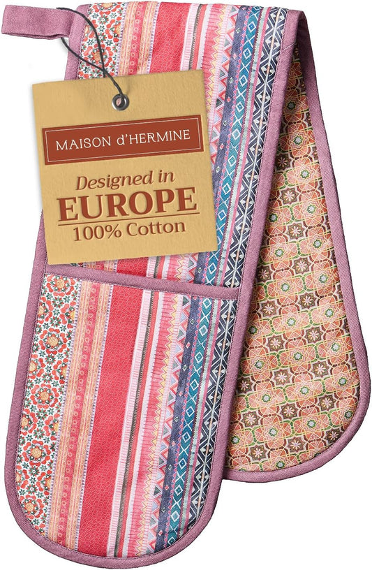 Maison d' Hermine Double Oven Mitts 100% Cotton 7"x35" Double Oven Mitt Heat Resistant BBQ Cooking Gloves with Loop, Baking, Grilling, Home, Kitchen, Handling Hot Pans (Ispahan)