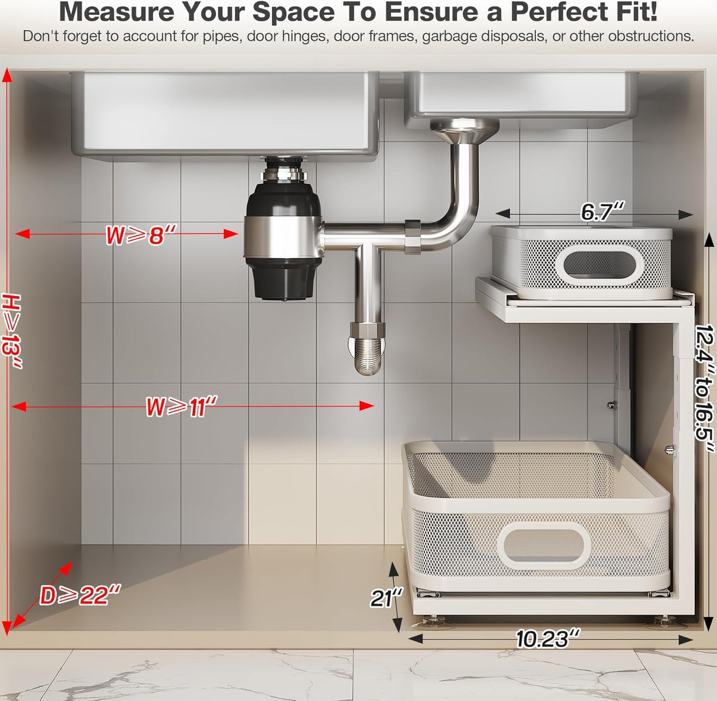 2 Pack 21IN-Depth Under Sink Organizer With Next-Gen Ball-Bearing Slides,2-Tier Precision Mesh Pull Out Cabinet Storage for Bathroom&Kitchen,Height Adjustable Drawers Shelf,Anti-rust-White