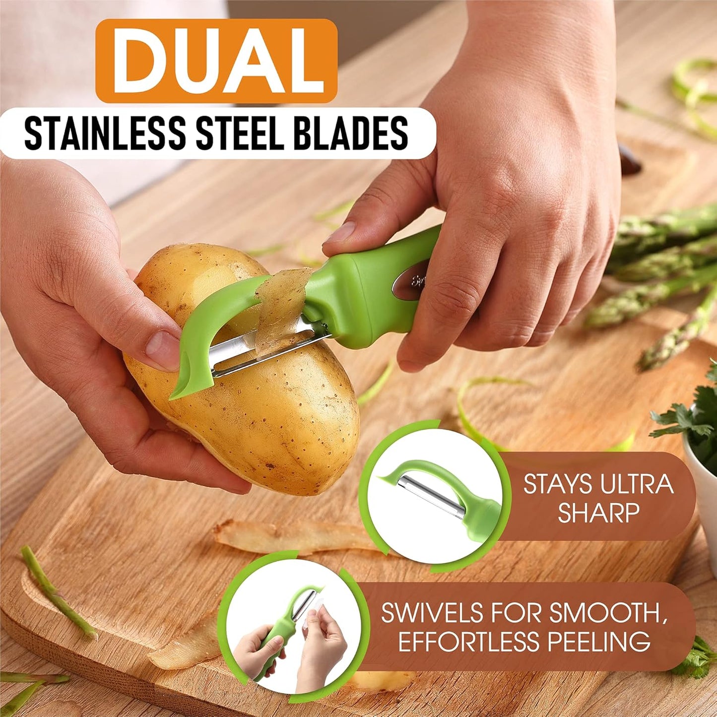 Spring Chef Premium Green Swivel Vegetable Peeler Set of 2, Stainless Steel Apple Peeler for Kitchen with Soft Grip Handle, Dishwasher Safe, Perfect for Potato, Carrot, Veggie, Fruit, Apple, Mango