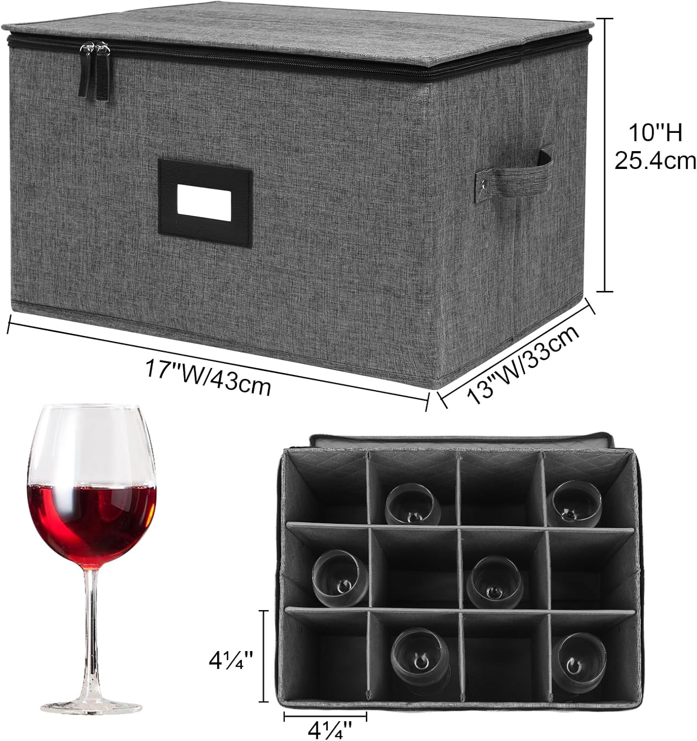 Stemware Storage Containers, Wine Glass Storage Box with Dividers for Glasses, Glassware, Crystal, Wine Glass Packing Boxes for Moving, Hard Shell Top Sides Bottom and Stackable (Black)