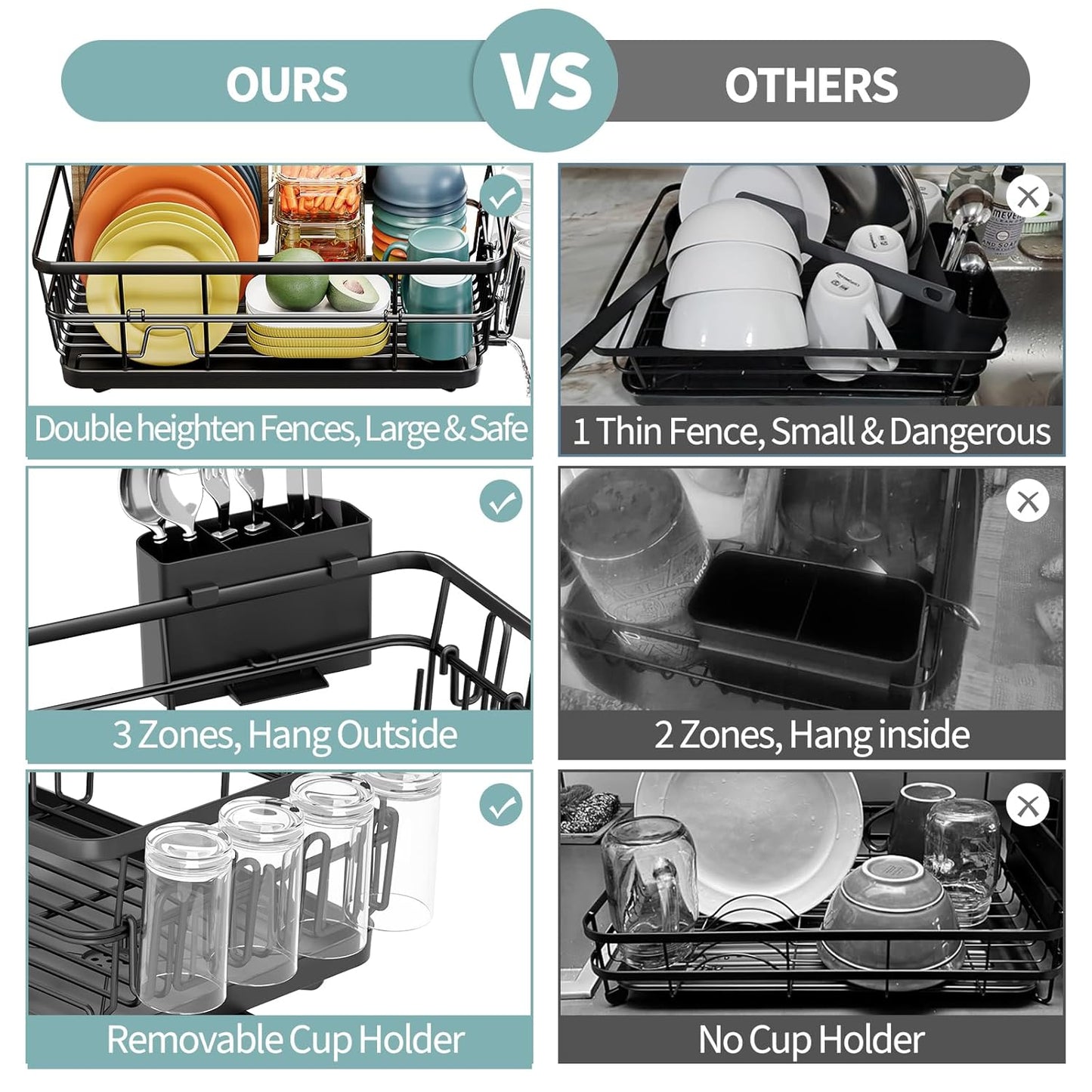 Dish Drying Rack for Kitchen Counter, Large Dish Racks with Drainboard, Kitchen Sink Dish Strainer Rack, Countertop Dish Drainer Rack with Cup & Utensil Holders, Dish Dryer Rack Large Size Black