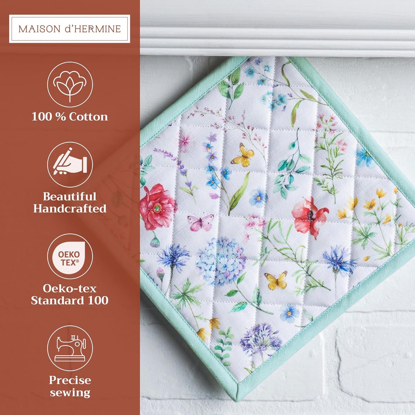 Maison d' Hermine Pot Holders 100% Cotton Heat Resistant Potholders 8" x 8" Hot Pads with Loop BBQ, Cooking, Baking, Grilling, Kitchen, Handling Hot Pans Spring/Summer (Pack of 1, Just Floral)
