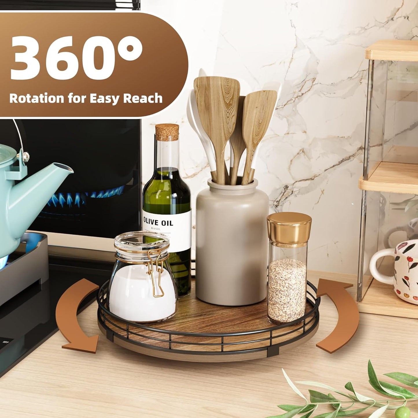 Acacia Wood 10" Lazy Susan Turntable Organizer for Table Top, Farmhouse Round Wooden Lazy Susan for Cabinet Kitchen Centerpieces Coffee Table, for Condiments Spices, Bathroom Vanity Tray Decor