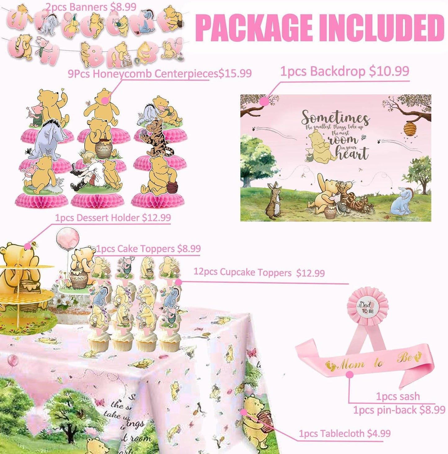 Pink Classic Winnie Baby Shower Decorations Kit, All-in-1 Vintage Winnie Party Supplies Decorations, Classic The Pooh Backdrop Cake Topper, Winnie Baby Tablecloth Honeycomb Decorations for Baby Shower