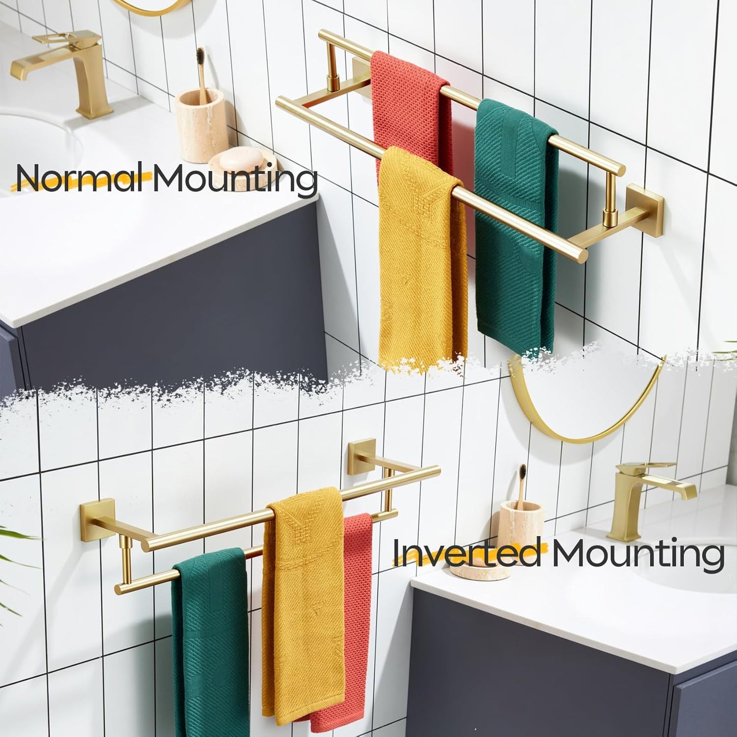 KOKOSIRI 24-Inch Towel Bars Double Bath Towel Rails Bathroom Holder Racks for Cabinet Kitchen Brushed Gold Stainless Steel B5009BG-L24