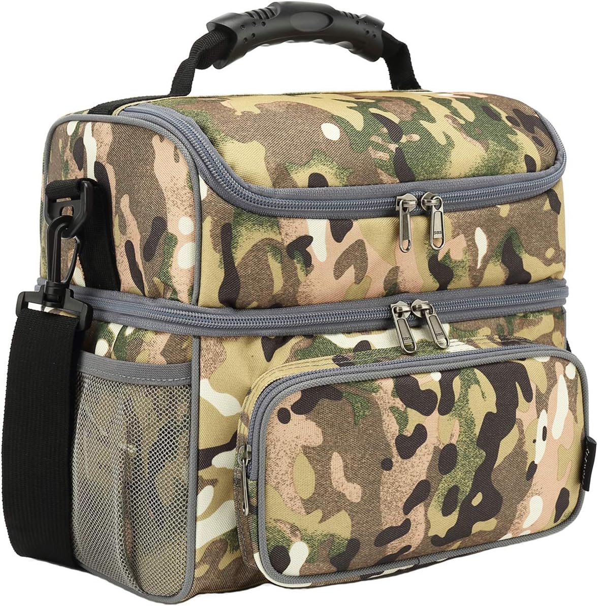 FlowFly Double Layer Cooler Insulated Lunch Bag Adult Lunch Box Large Tote Bag for Men, Women, With Adjustable Strap,Front Pocket and Dual Large Mesh Side Pockets