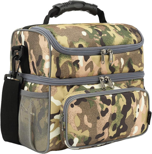 FlowFly Double Layer Cooler Insulated Lunch Bag Adult Lunch Box Large Tote Bag for Men, Women, With Adjustable Strap,Front Pocket and Dual Large Mesh Side Pockets