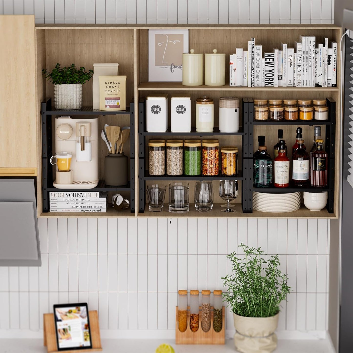 Expandable Shoe Rack Stackable Metal Pantry Storage Shelves Stand Adjustable Height Cabinet Shelf Organizer Racks Spice Shelving(3PACKS/BLACK,LARGE)