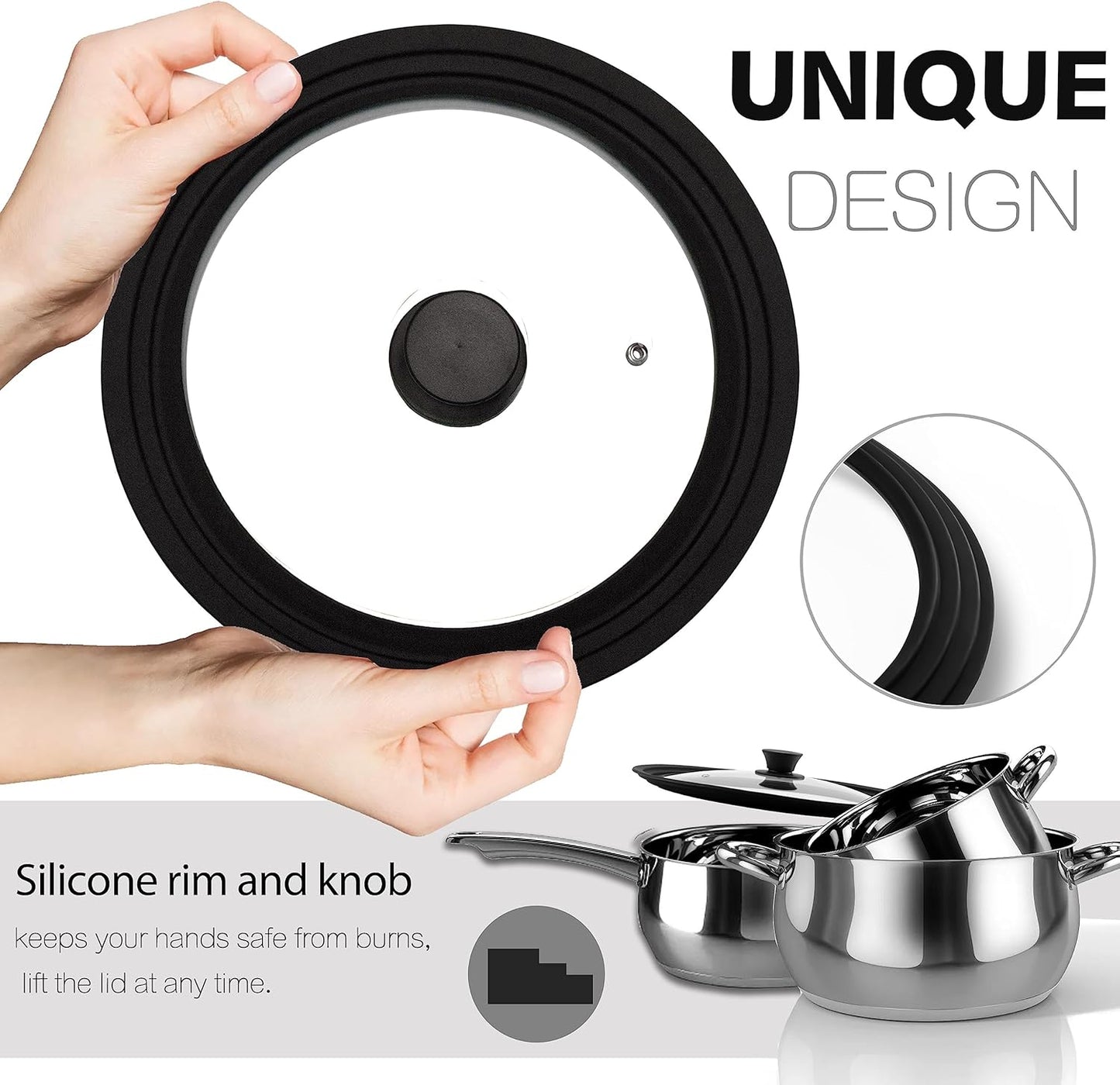 Tempered Glass Lid - Universal Lid with Heat Resistant Silicone Rim for Pots, Pans and Skillets - Pan Cover Replacement Lid Fits 8", 8.5" and 9.5" Diameter Cookware