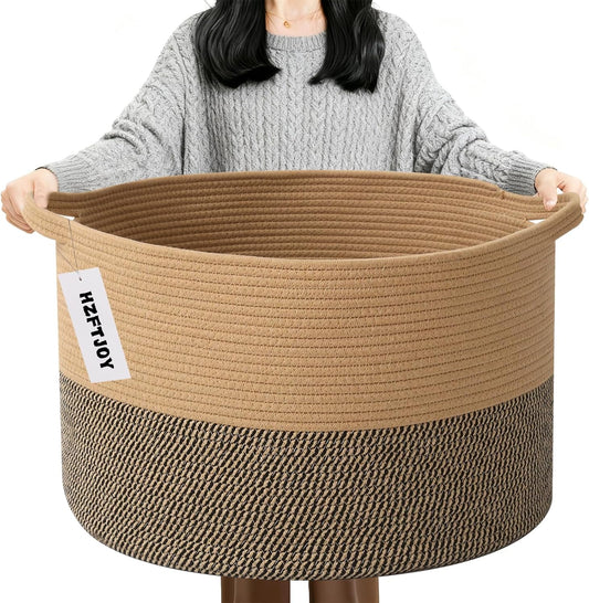 Large Blanket Basket for Organizing,115L Closet Organizers and Storage Bins Box for Shelves Woven Rope Storage Baskets,Living Room,Bedroom,Dorm,Laundry room (Jute&Black)