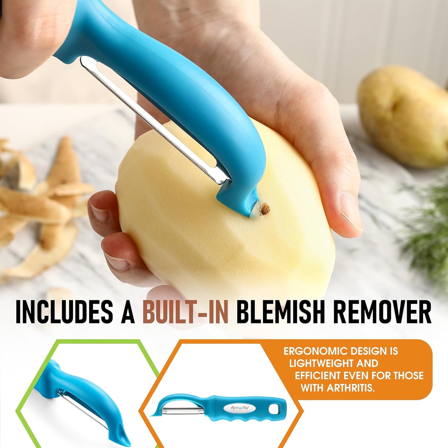 Spring Chef Premium Swivel Vegetable Peeler, Comfortable Handle and Ultra Sharp Stainless Steel Blades - Perfect Kitchen Peeler For Veggie, Fruit, Potato, Carrot, Apple - Teal