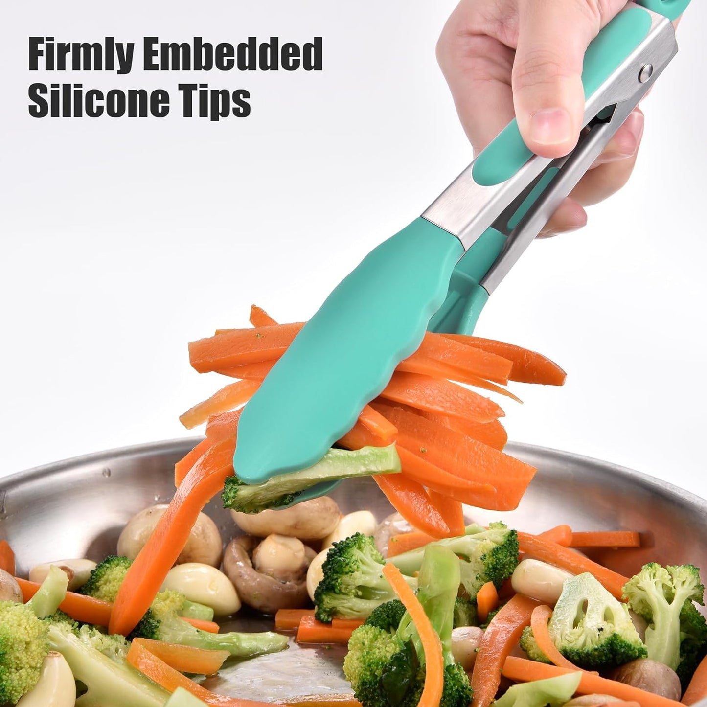 Doosu Kitchen Tongs for Cooking - 600°F Heat Resistant Food Tong with Non-Scratch Silicone Tips, Heavy Duty Stainless Steel Locking Tong for BBQ, Grilling Steak, Serving Salad, Pasta (7in, Aqua Sky)