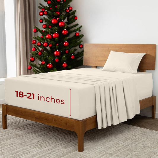 Mellanni Extra Deep Twin Sheets - 3 PC Iconic Collection Bedding - Hotel Luxury, Ultra Soft, Cooling Bed Sheets - Wrinkle, Fade, Stain Resistant (Twin, Golden Ivory)
