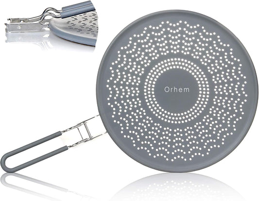 11" Silicone Splatter Screen Pan Cover with Folding Handle, Heat Insulation Cooling Mat, Strainer, Drain Board, Oil Splash Guard for Frying Pan