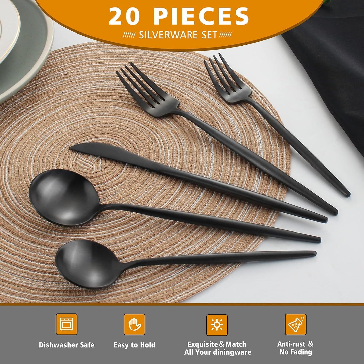 Matte Black Silverware Set, Oliviola 20-Piece Stainless Steel Flatware Cutlery Set Service for 4, Satin Finish Kitchen Utensil Set, Dishwasher Safe