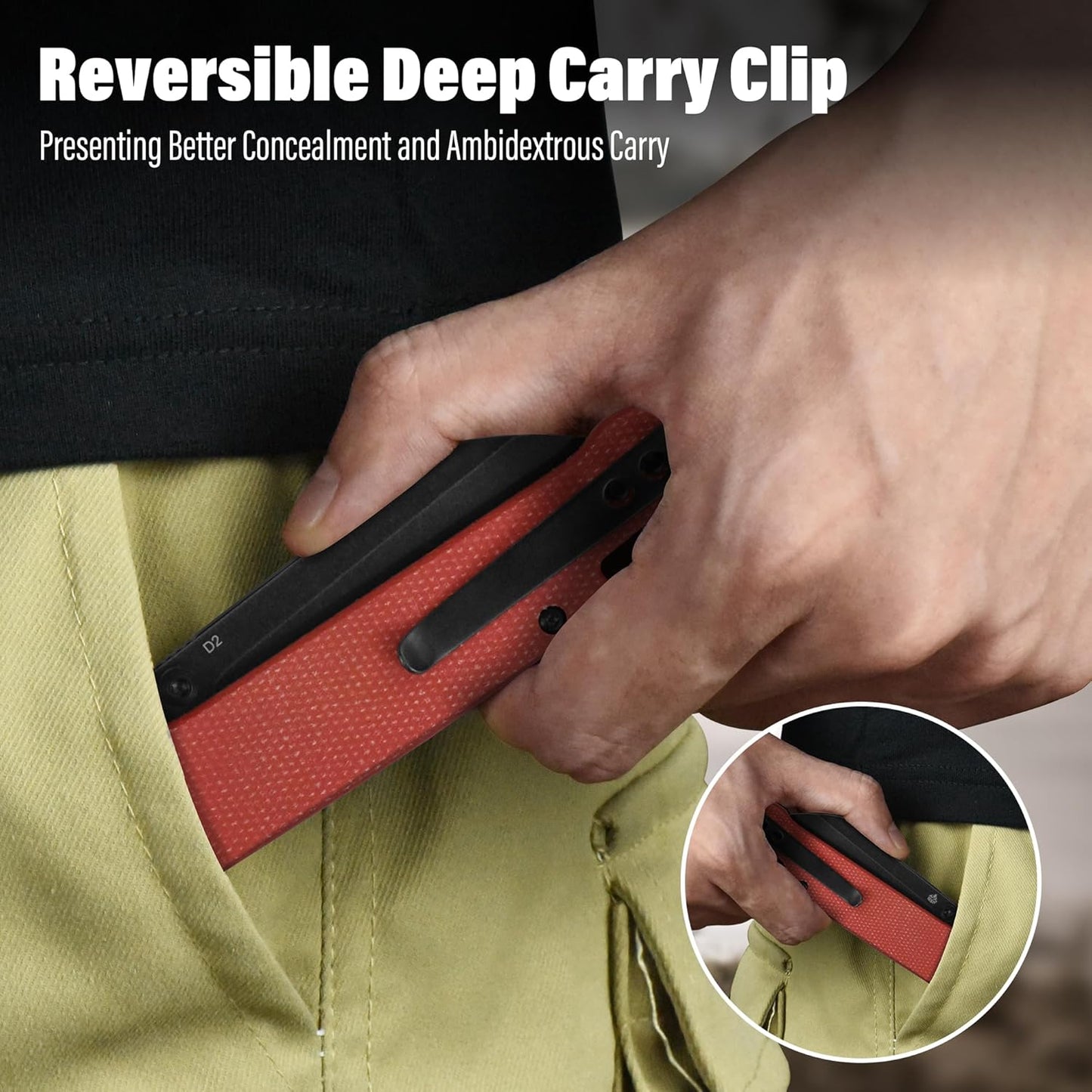 QSP Penguin V2 Folding Pocket Knife, 3.06" D2 Black Stonewash Blade EDC Knife, Red Micarta Handle, Liner Lock, Ceramic Ball Bearings, Reversible SS Deep Carry Clip