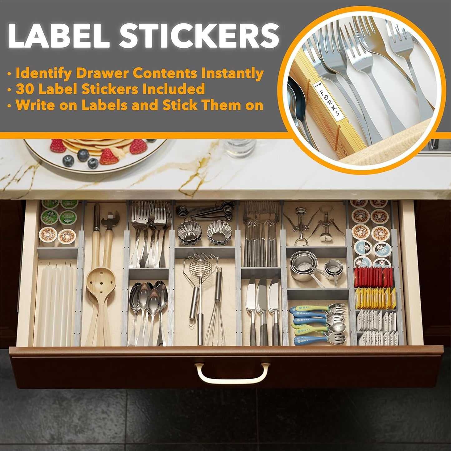 SpaceAid Bamboo Drawer Dividers with Inserts and Labels, Kitchen Adjustable Drawer Organizers, Expandable Organization for Home, Office, Dressers, 7 Dividers with 15 Inserts (17"-22" Gray)