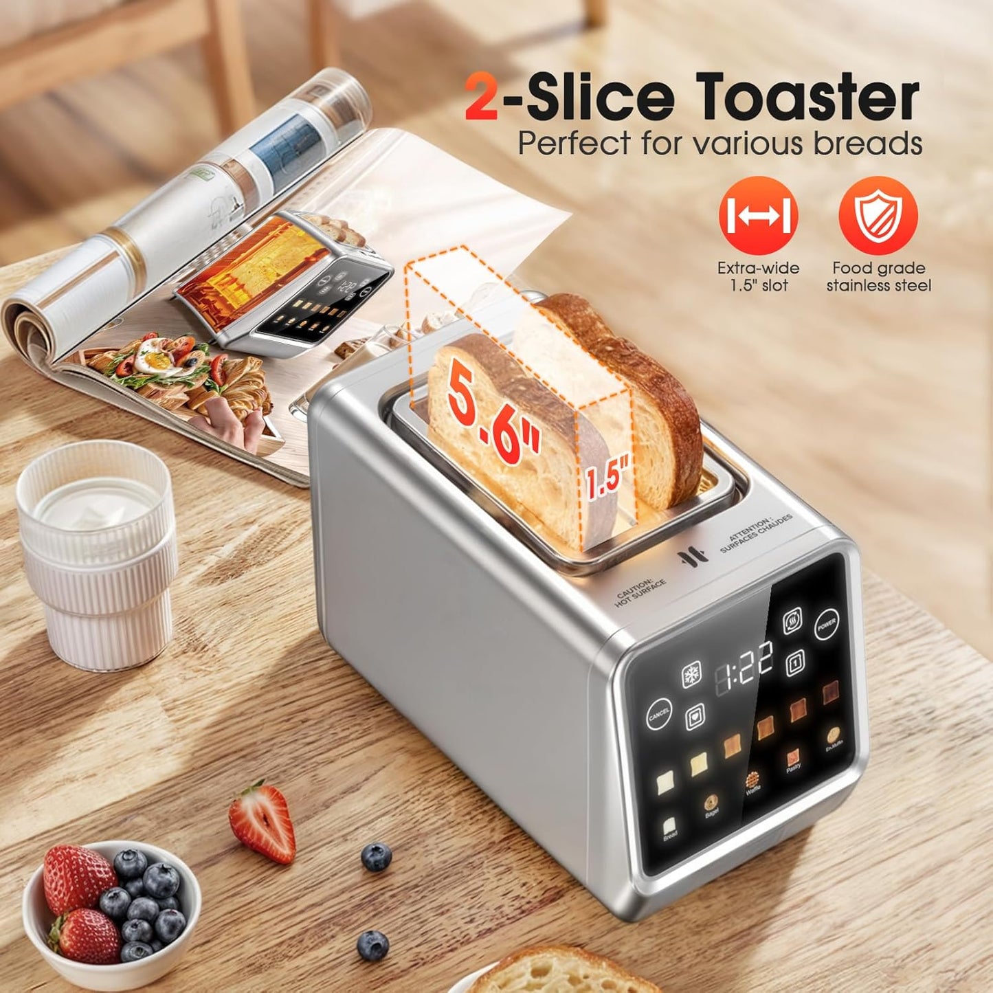 Toaster 2 Slice Wide Slot, Stainless Steel Digital Toasters Best Rated Prime, Touch Screen Toaster for 5 Bread Types/6 Shade Settings/Single Slot Toasting/Memory Function/Defrost/Reheat