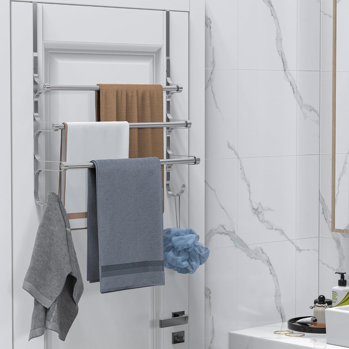 Over The Door Towel Rack, Triple Towel Storage Holder with Hooks, 24.02 Inches Towel Bar Hanger Towel Racks for Bathroom (Silver)