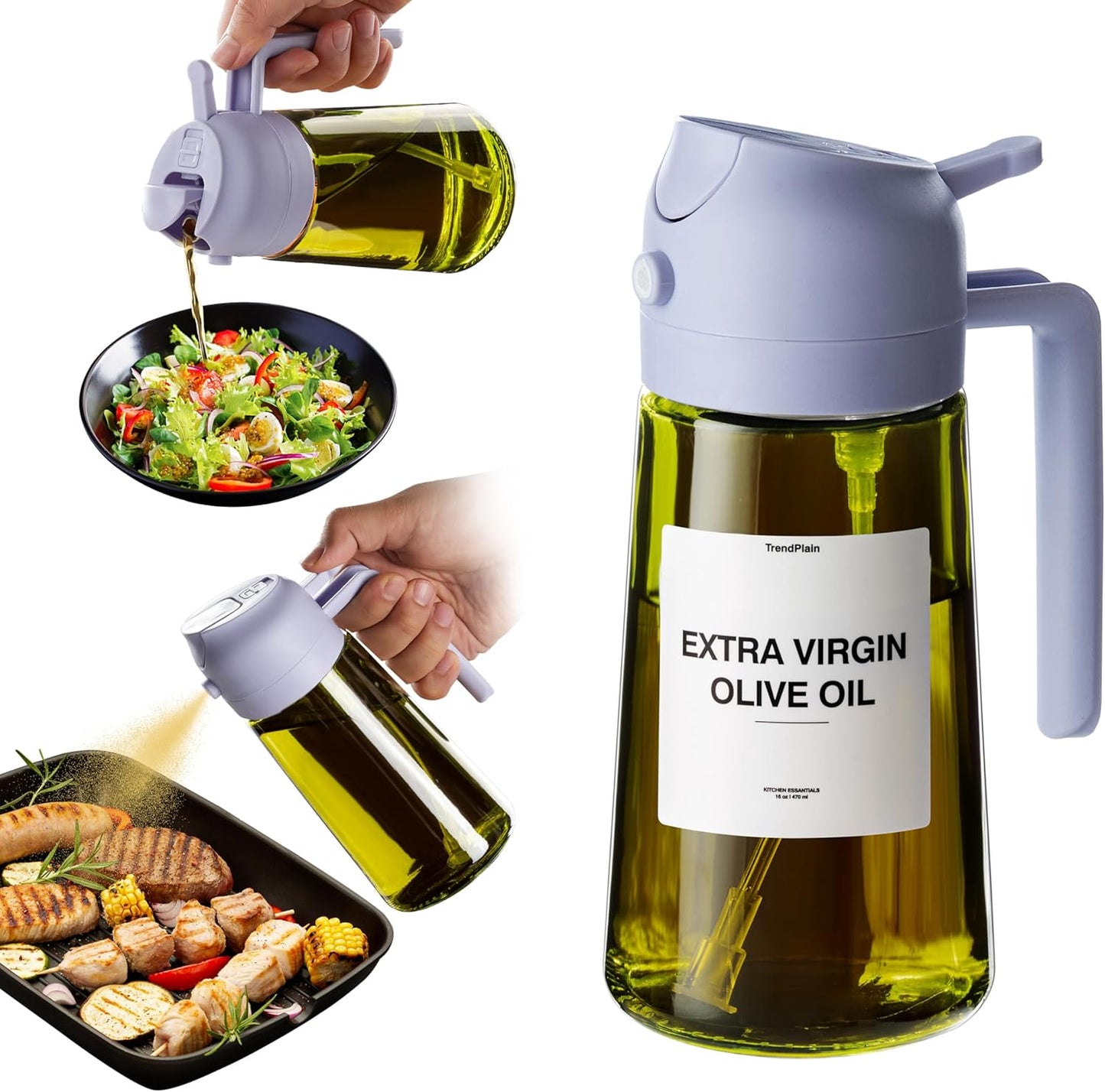 TrendPlain - Original 16oz/470ml Olive Oil Dispenser Bottle for Kitchen Gadgets and Air Fryer Accessories - Olive Oil Sprayer for Cooking w/Stickers - Lilac