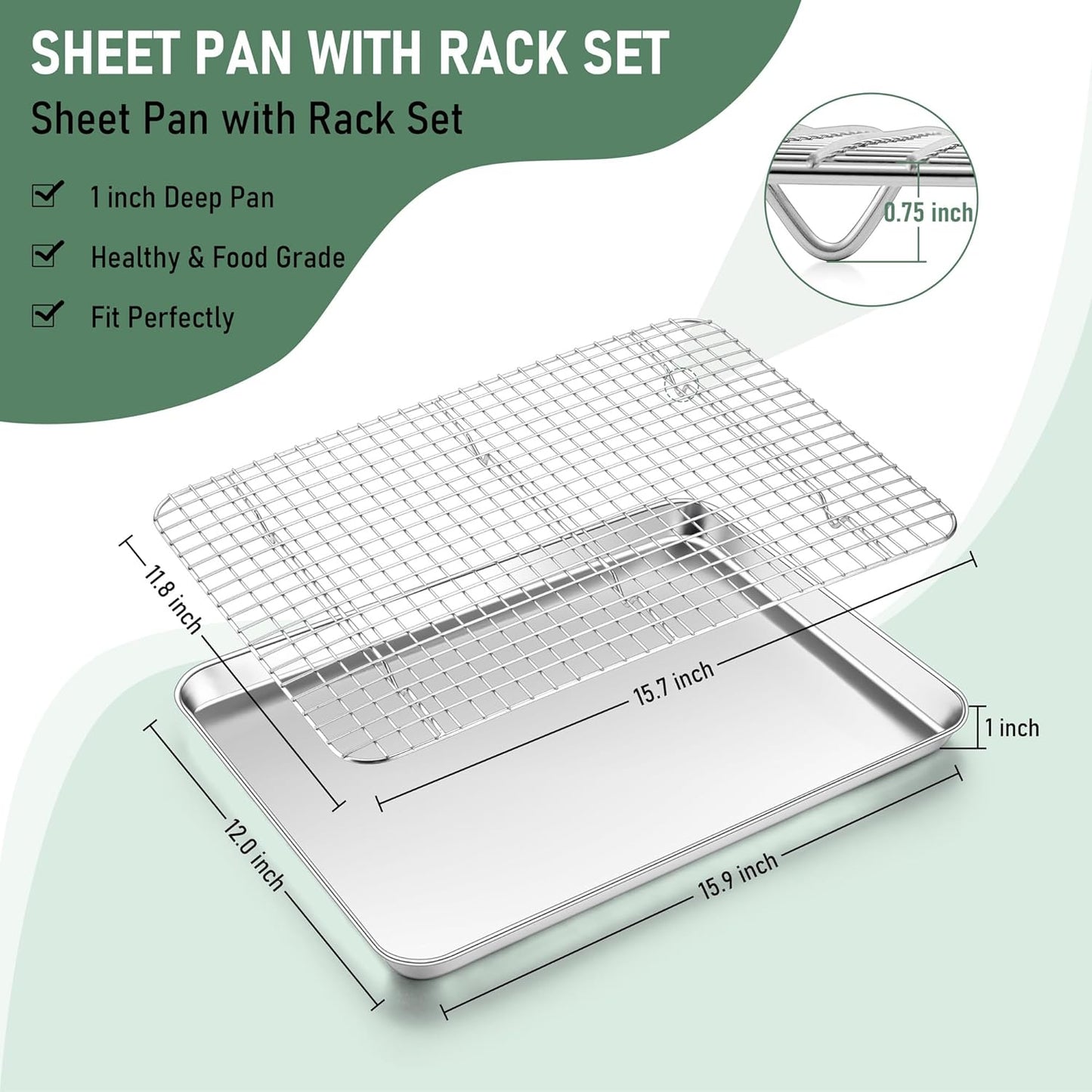 Baking Sheet with Wire Rack, Homikit 16" x 12" Stainless Steel Cookie Sheet Bacon Pan for Oven, Nonstick Jelly Roll Pan Baking Tray with Grid Cooling Rack Set for Cooking Roasting, Dishwasher Safe