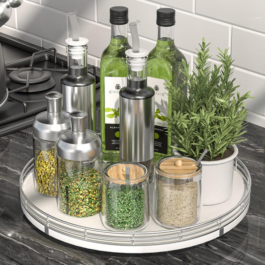 12" Oak Wood Lazy Susan Organizer, Lazy Susan for Cabinet Dining Table Pantry Wood Turntable Organizer Tray for Coffee Table Kitchen Countertop Salt Spice Can Organization and Storage Round Silver