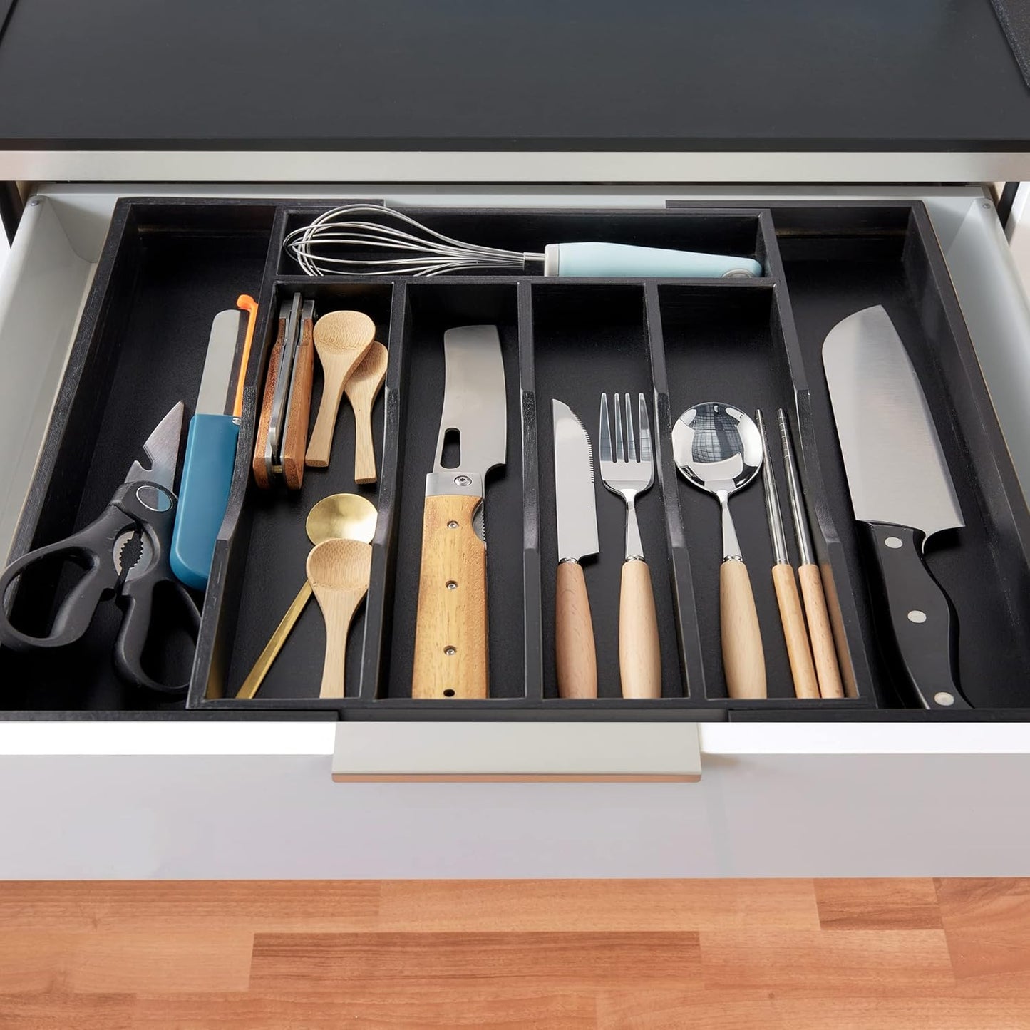 2-Piece Expandable Bamboo Kitchen Drawer Organizer for Cutlery and Utensils, Adjustable Bamboo Wood Cutlery Tray in Drawer for Flatware and Silverware in Kitchen, (Black)