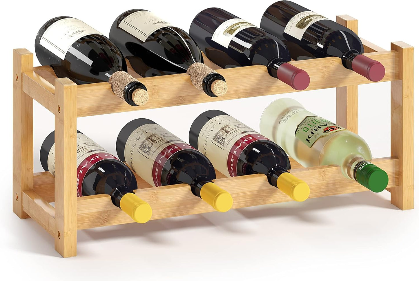 BAMEOS Wine Rack Freestanding 8 Bottle 2 Tier Bamboo Wine Racks Countertop Cabinet Wine Holder Wine Storage Shelf for Kitchen, Bar, Pantry, Wine Cellar, Basement, Countertop (16.85 L x 9.25W x 7H)