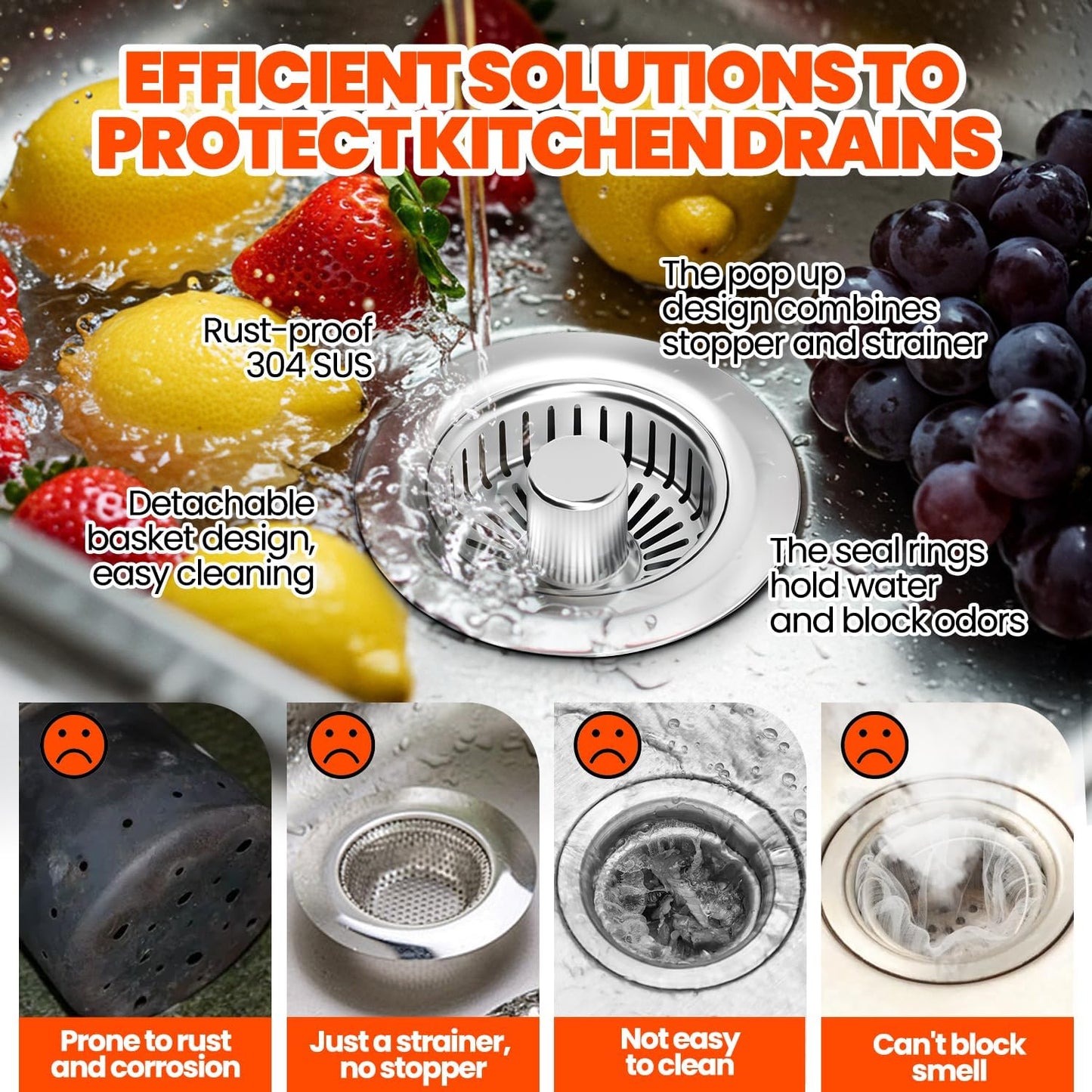 Kitchen Sink Drain Strainer & Sink Stopper, Upgraded 3 in 1 Stainless Steel Drain Plug Combo with Anti-Clog Basket, Pop Up Drain Cover for Standard 3-1/2'', Fits Double Bowl Kitchen Sinks