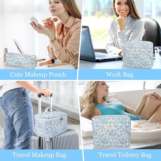 Quilted Makeup Bag Set, 3pc Large Floral Cosmetic Bag for Women, Cute Cotton Makeup Bags, Flower Travel Toiletry Organizer Bag (White Pink Small Bow)