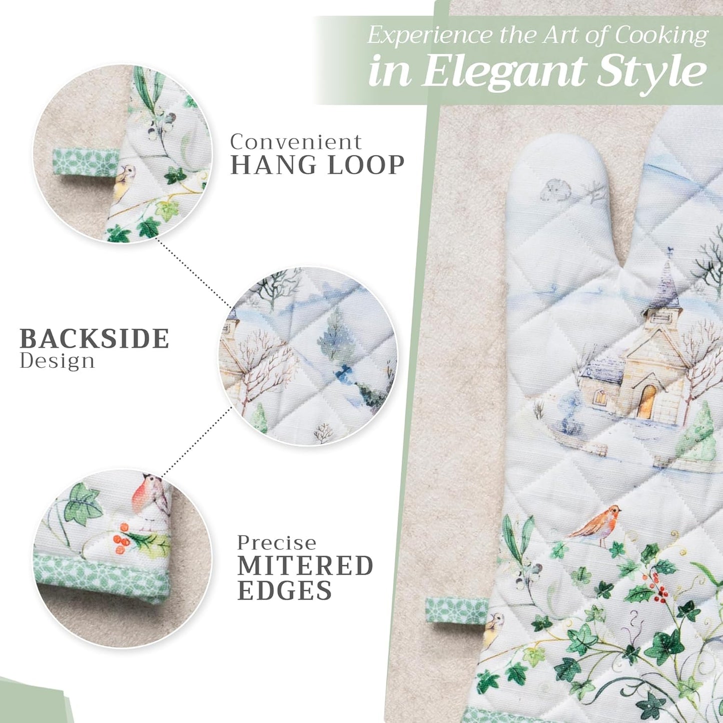 Maison d' Hermine Oven Gloves 100% Cotton Oven Mitt 7" x 13" with Loop Heat Resistant, BBQ, Cooking Gloves, Baking, Grilling, Kitchen, Handling Hot Pans (Pack of 1, Snowy World)