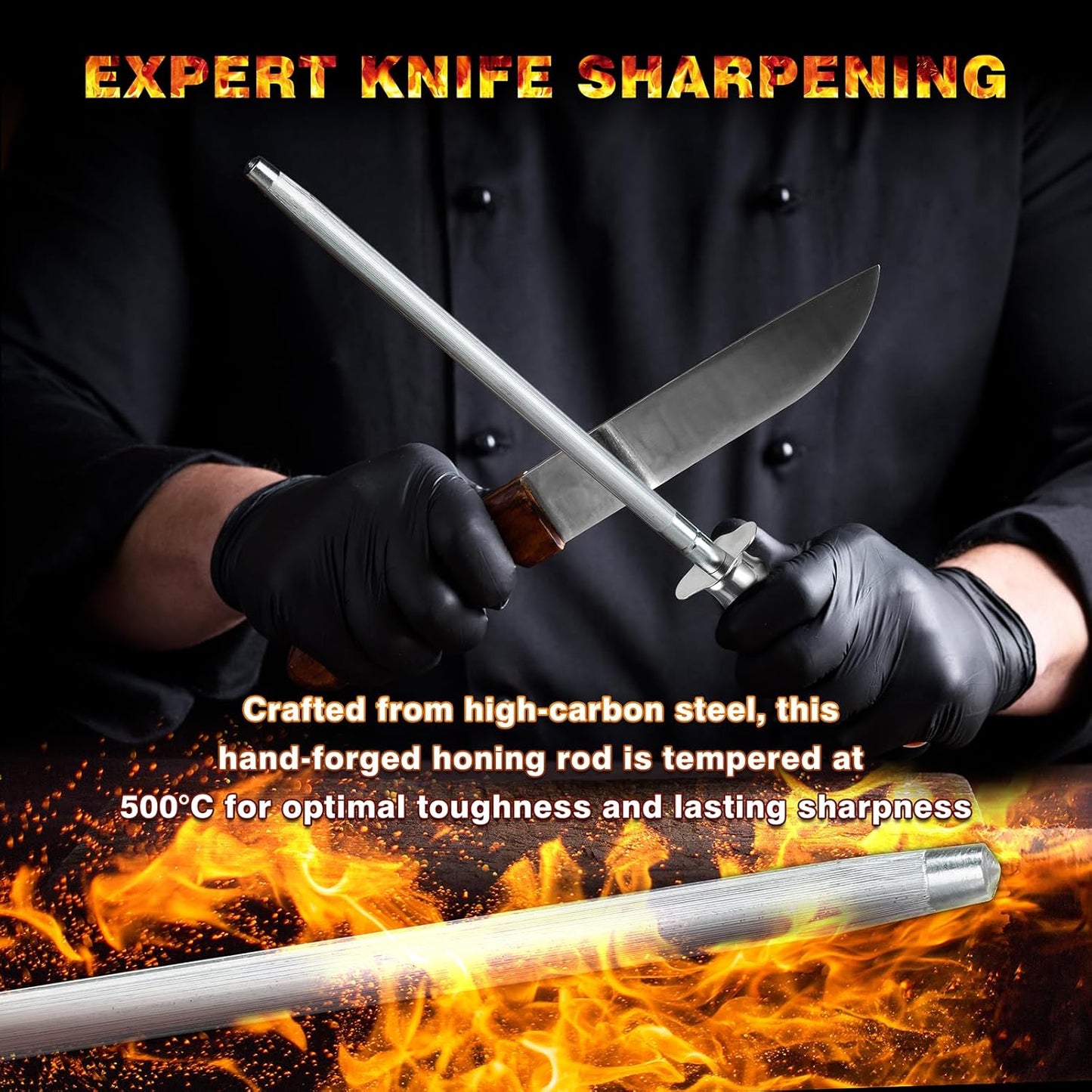 Knife Sharpener Rod, Kitchen Knives Sharpener Carbon Steel Professional Knife Sharpening Steel, Honing Rod with Hanging Holes (13 inches), K